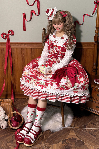 Doll Collar Short Sleeve Print Ruffle Bowknot Sweet Lolita Dress with Strawberry Dessert - 4 Colors