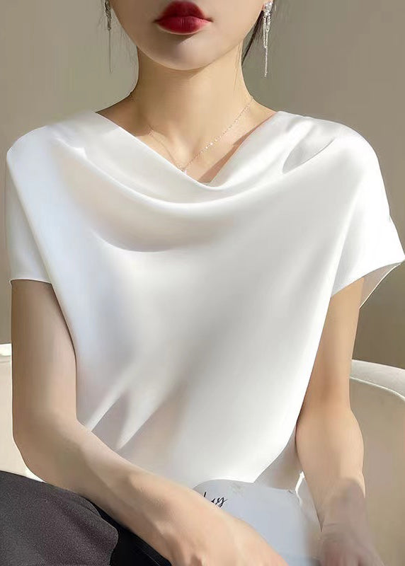 Simple White Solid Turtle Neck Silk T Shirts Summer TT1017