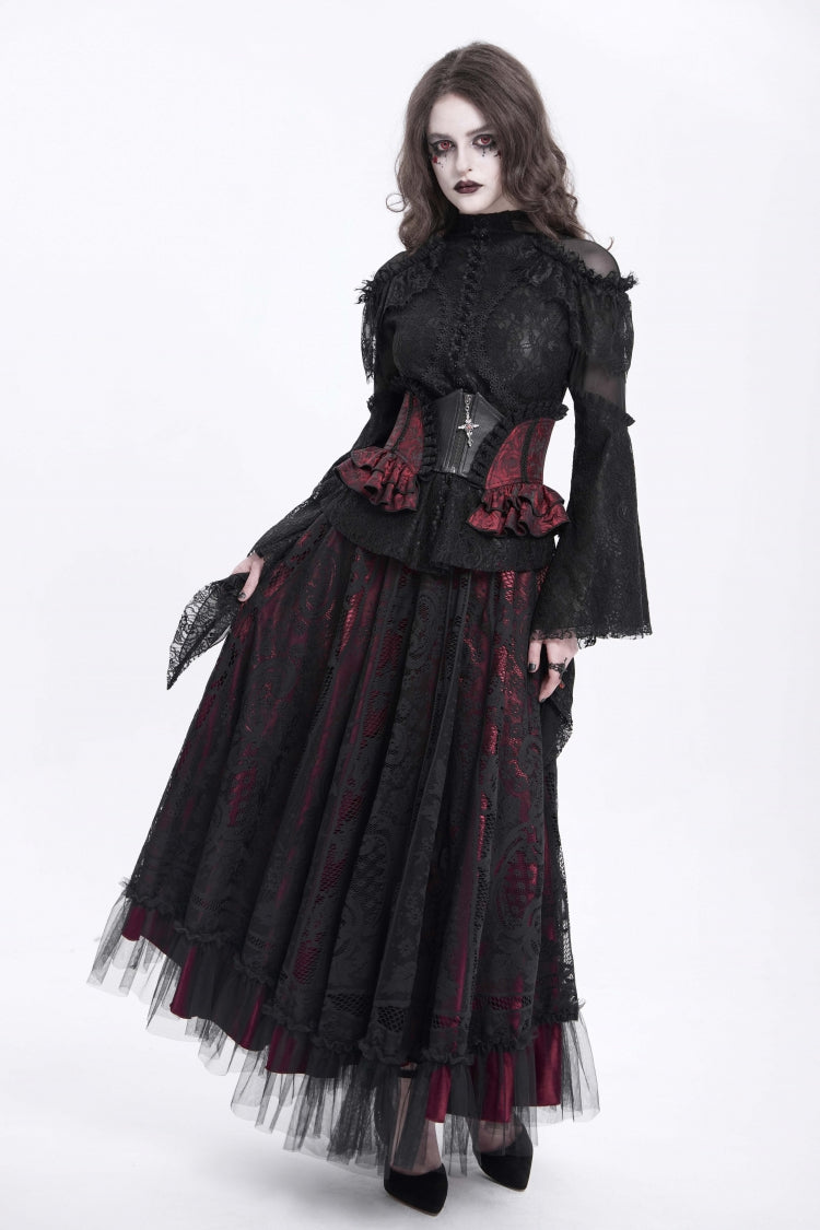 Crimson & Charcoal Spliced Lace Laced Slim Zippered Goth Palace Corset