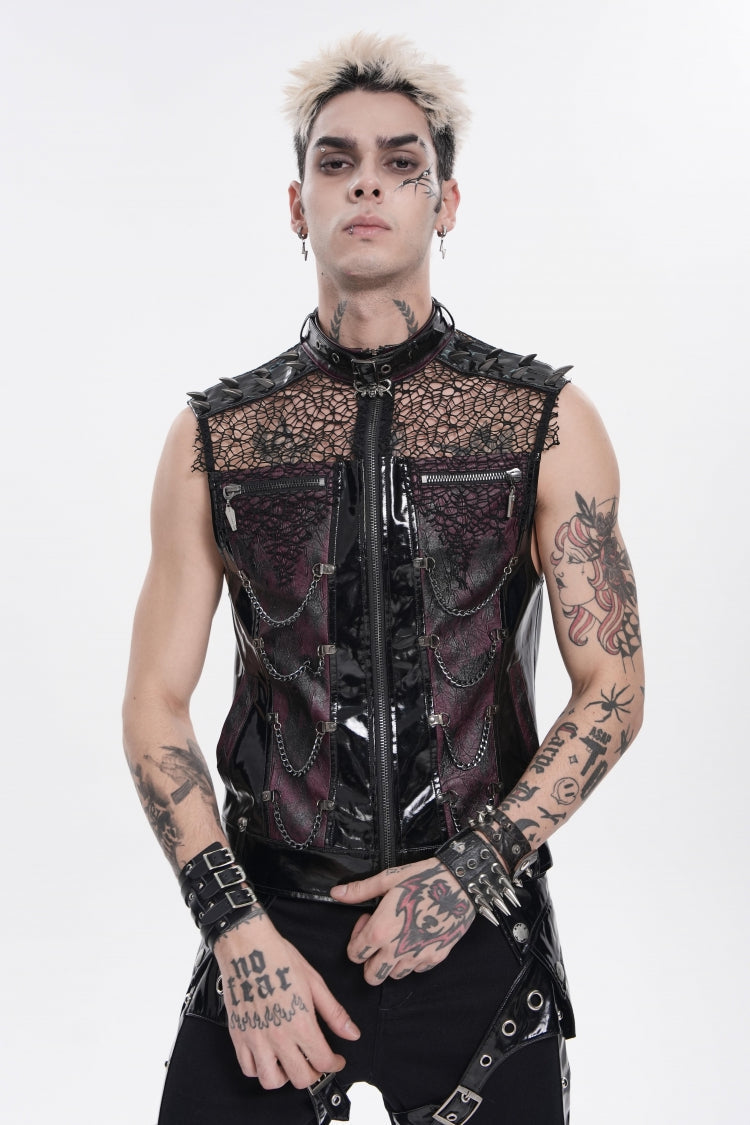 Men's Black Punk Vest, Spliced Mesh with Studs, Zippers and Eyelets