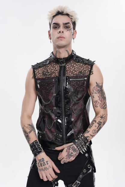 Men's Black Punk Vest, Spliced Mesh with Studs, Zippers and Eyelets
