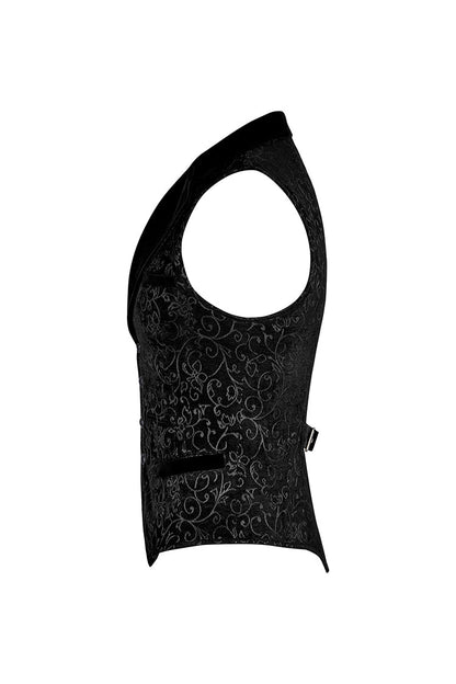 Vintage Gothic Men's Vest with V-Collar Print in Black Jacquard Velvet