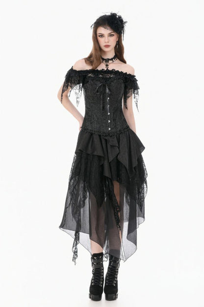 Women's Gothic Overbust Corset with Ruffled Lace and Lace-Up in Black Jacquard