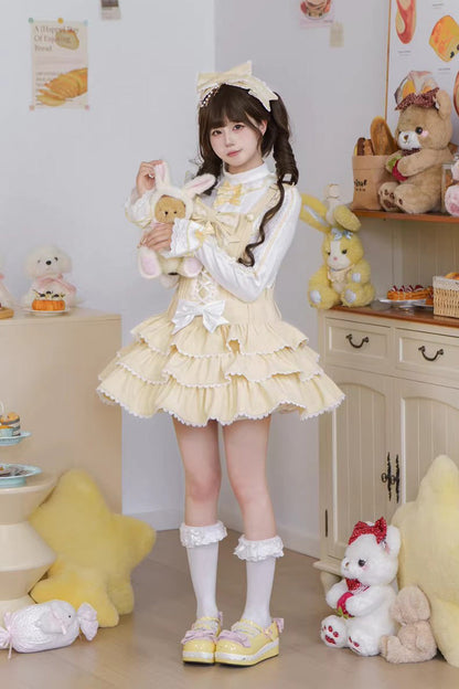Vintage Cream Puff Sleeveless Triple Ruffle Bow Lace-Up Tiered JSK