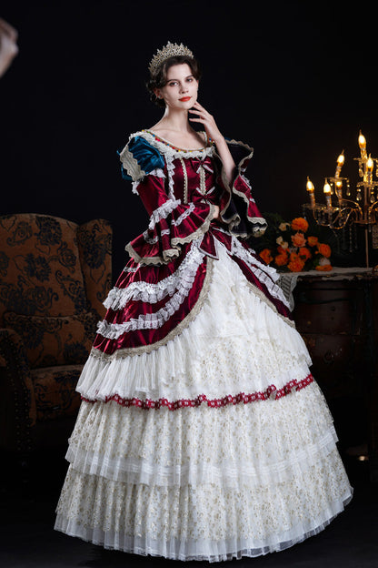 Victorian Palace Dress with Hime Sleeves, Triple Ruffles, and Bow Front in Wine/Ivory - RegalVintage
