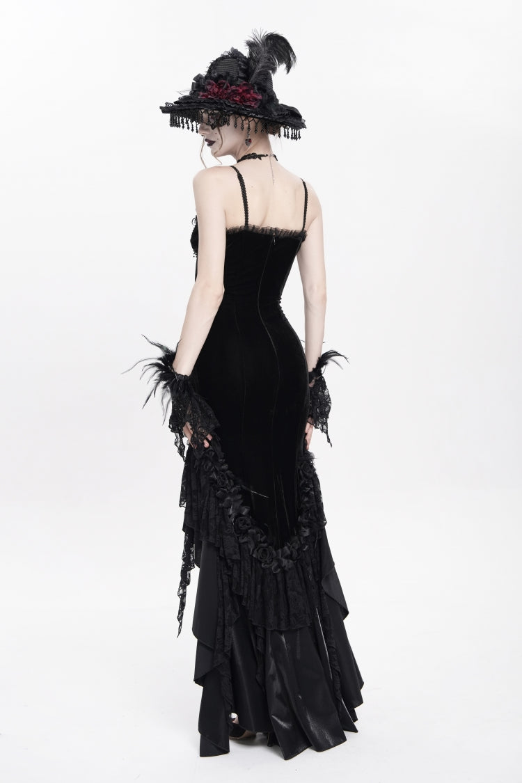 No-Sleeve Ruffled Floral Embroidered Chain Gothic Long Slip Dress