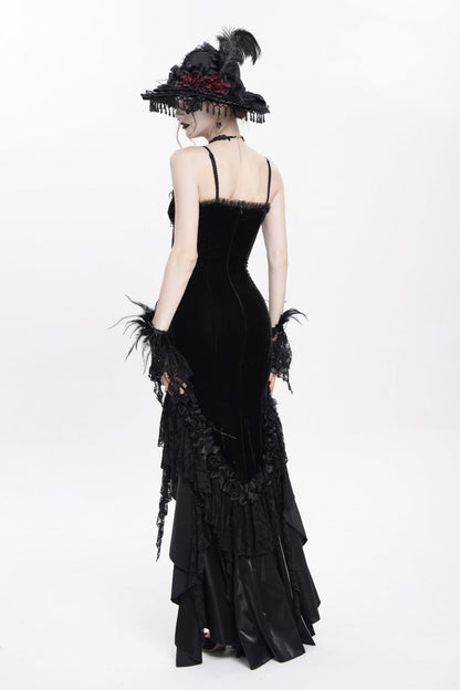 No-Sleeve Ruffled Floral Embroidered Chain Gothic Long Slip Dress