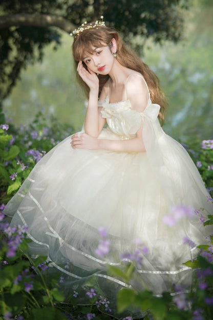 Sweet Lolita JSK Gown with High Waist, Bow Accents & Chiffon Long Cut