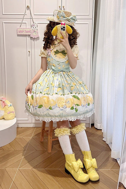 Emerald Lemon Chicken Print Ruffle Bowknot Sweet JSK Dress