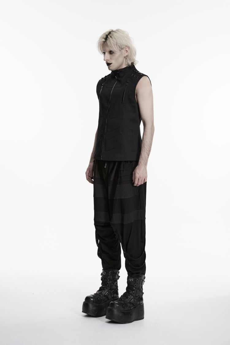 Men's Black Punk Vest, Sleeveless with Studs and Zip Front