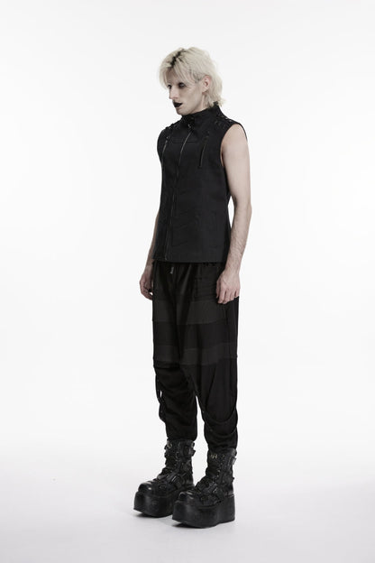 Men's Black Punk Vest, Sleeveless with Studs and Zip Front