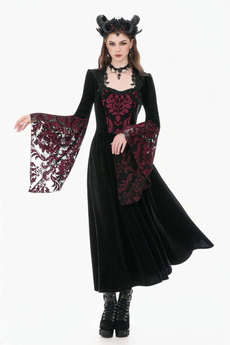 Crimson & Obsidian Square Collar Long Flare Puff Sleeves Lace Victorian Velvet Long Dress