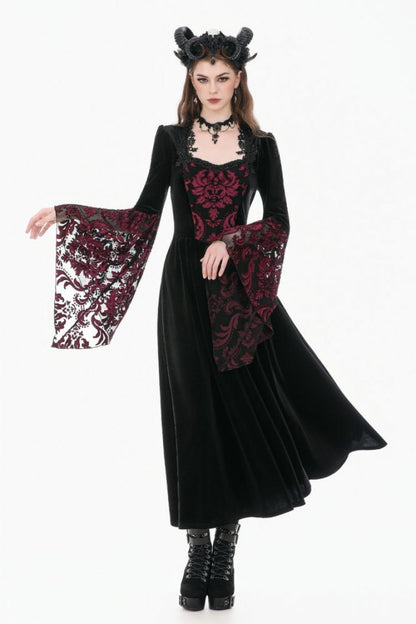 Crimson & Obsidian Square Collar Long Flare Puff Sleeves Lace Victorian Velvet Long Dress