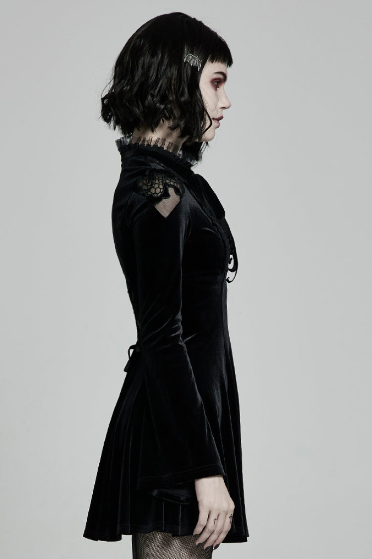 Ebony Flared-Sleeve Sheer Lace-Up Gothic Dress