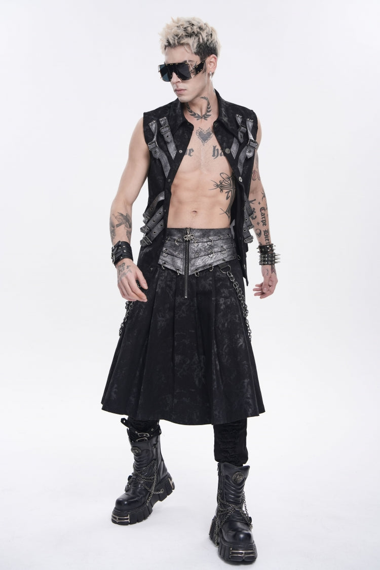 Chain-Decorated Lace-Up Pleated Punk Skirt for Men