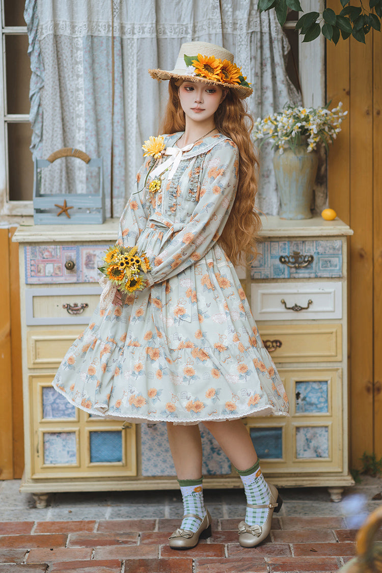 Emerald Long Sleeve Sunflower Ruffle Bow Sweet Lolita Gown