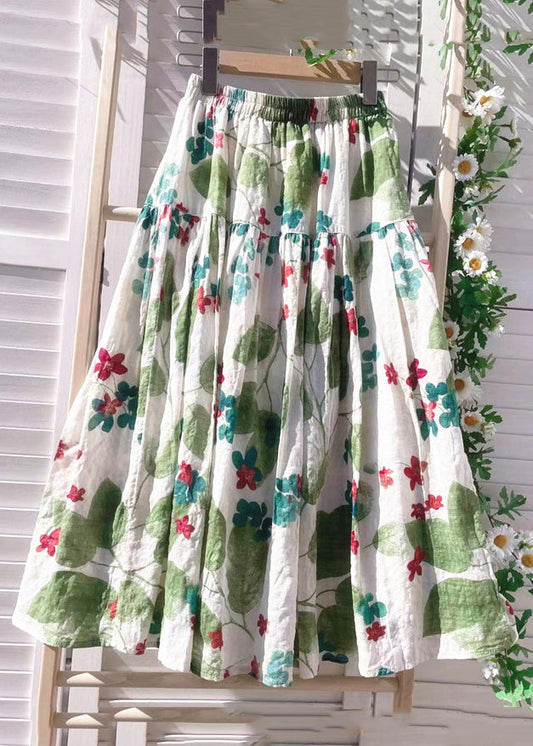 Green Print Cotton Skirt Waist Elastic New Summer