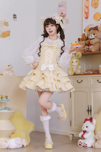 Vintage Cream Puff Sleeveless Triple Ruffle Bow Lace-Up Tiered JSK