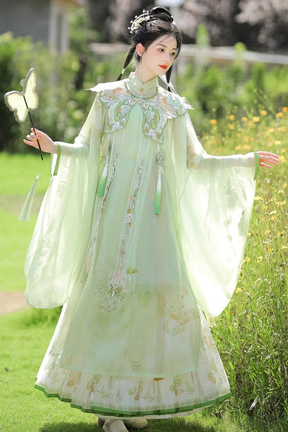 Emerald Ming Dynasty Round Collar Long Sleeve Print Embroidery Sweet Hanfu Outfit