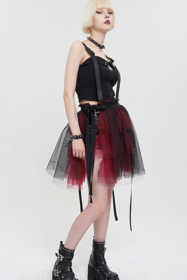 Crimson & Charcoal Punk Mesh Ruffle Rocker Mini Skirt