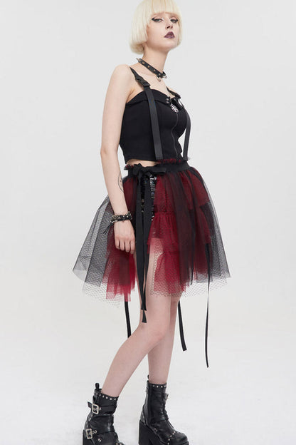 Crimson & Charcoal Punk Mesh Ruffle Rocker Mini Skirt