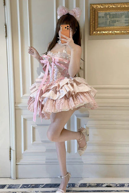 Blush Layered Ruffle Bow Lace-Up Ballerina JSK - Kitten Sweetheart