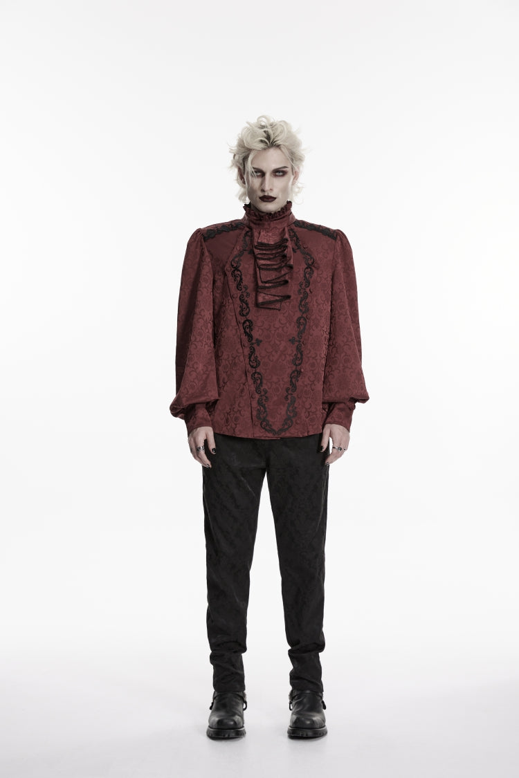 Crimson High-Neck Gothic Palace Shirt with Jacquard and Detachable Tie