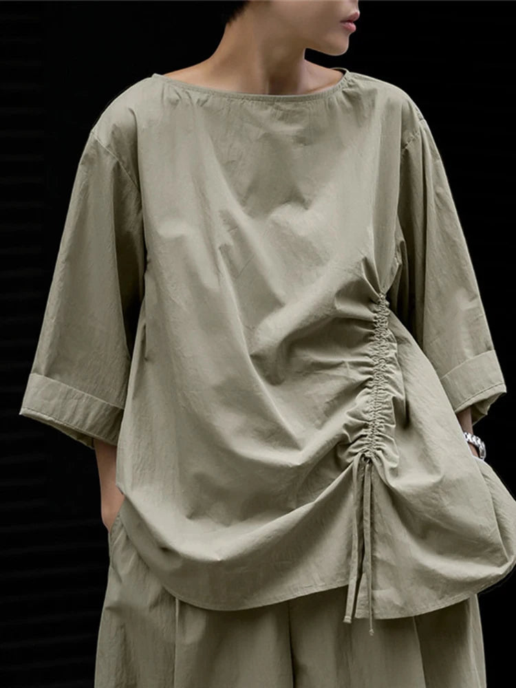 Casual Cotton Top Drawstring Sleeve Khaki Half Asymmetrical