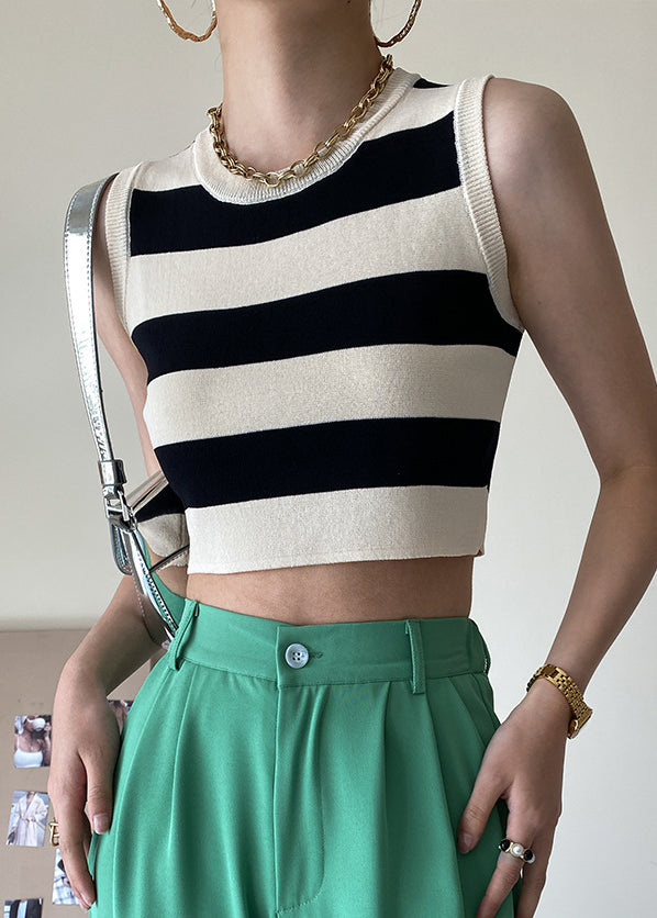 Black Striped Cozy Knit Tank O Neck Summer AF1050