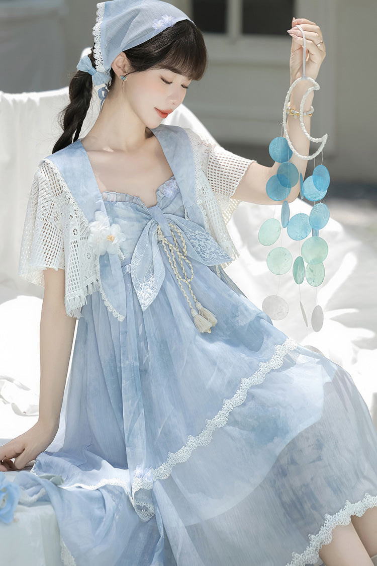 Azure Clouds Resting in the Wilderness Print Ruffle Embroidery Bow Lace Irregular Lolita Jumper Dress
