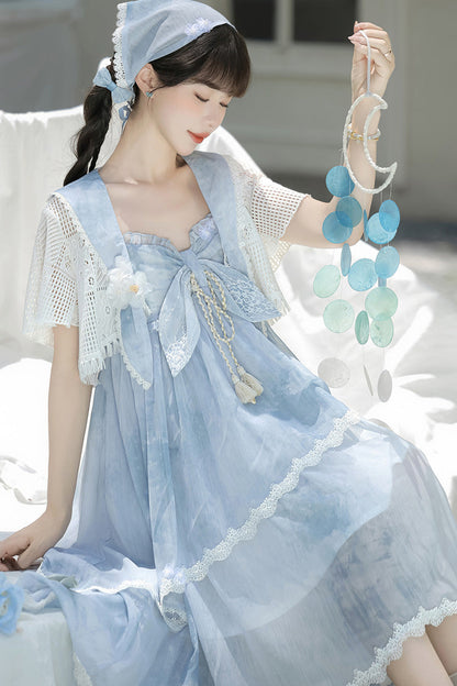 Azure Clouds Resting in the Wilderness Print Ruffle Embroidery Bow Lace Irregular Lolita Jumper Dress