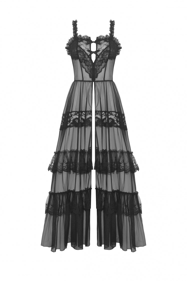 No-Sleeve Layered Lace Sheer Mesh Gothic Slip Gown