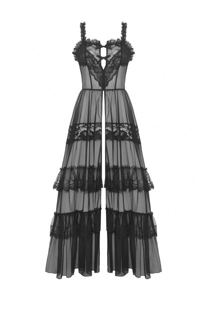 No-Sleeve Layered Lace Sheer Mesh Gothic Slip Gown