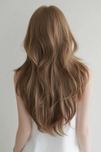 Coffee Milky Korean High-Layered Wavy Lolita Wig with Air Bangs