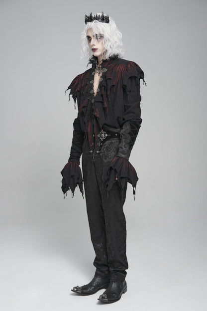 Crimson & Obsidian Stand Collar Long Sleeves Ruffled Plunging Gothic Shirt