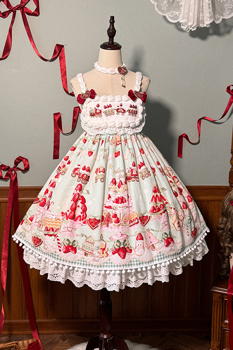 High Waisted Ruffle Bowknot Sweet Lolita JSK Dress with Strawberry Dessert Print - 4 Colors
