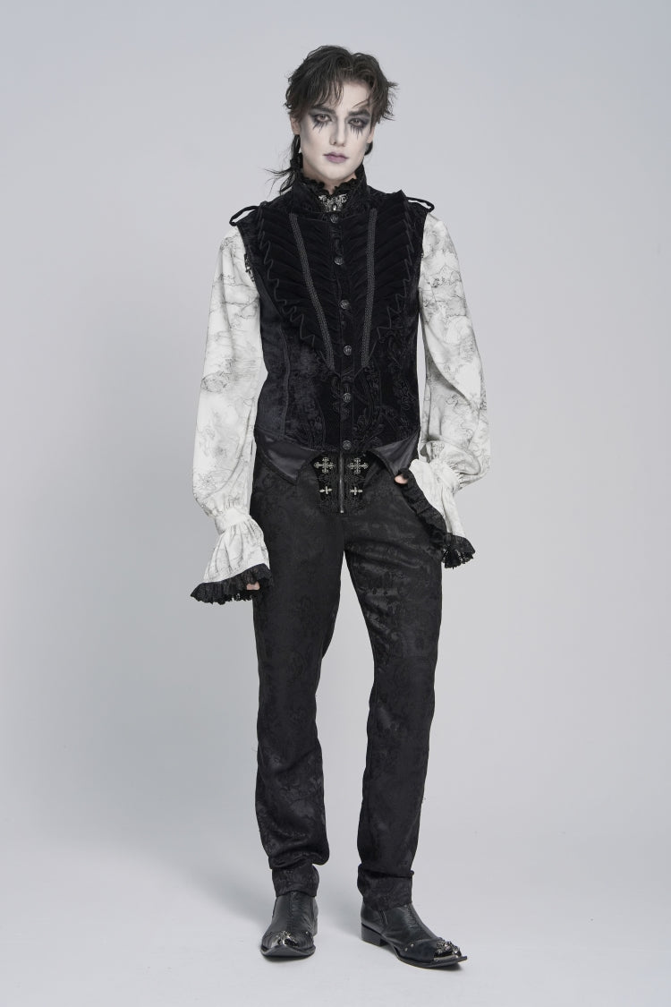 Men's Black Gothic Vest, Jacquard with Embroidery, Buckles and Pleats