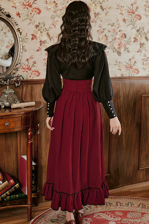 Palace-Style Ruffled Stripe Print Lolita Dress Skirt in Wine - AristocraticVintage