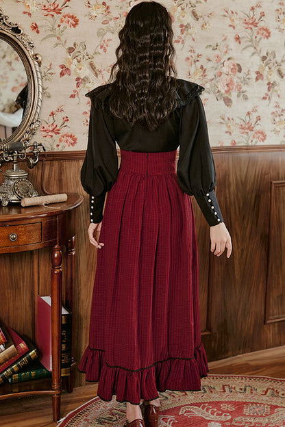 Palace-Style Ruffled Stripe Print Lolita Dress Skirt in Wine - AristocraticVintage