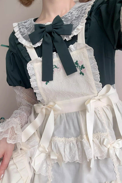 Emerald Misty Path Bow-Embroidered Long-Sleeve Lolita Gown