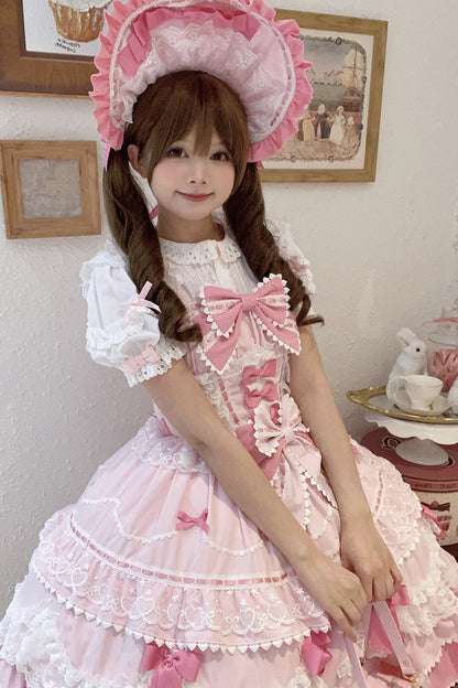 Blush Sleeveless Multi-Layered Ruffle Bow Lace Sweet JSK - Fondant Cake