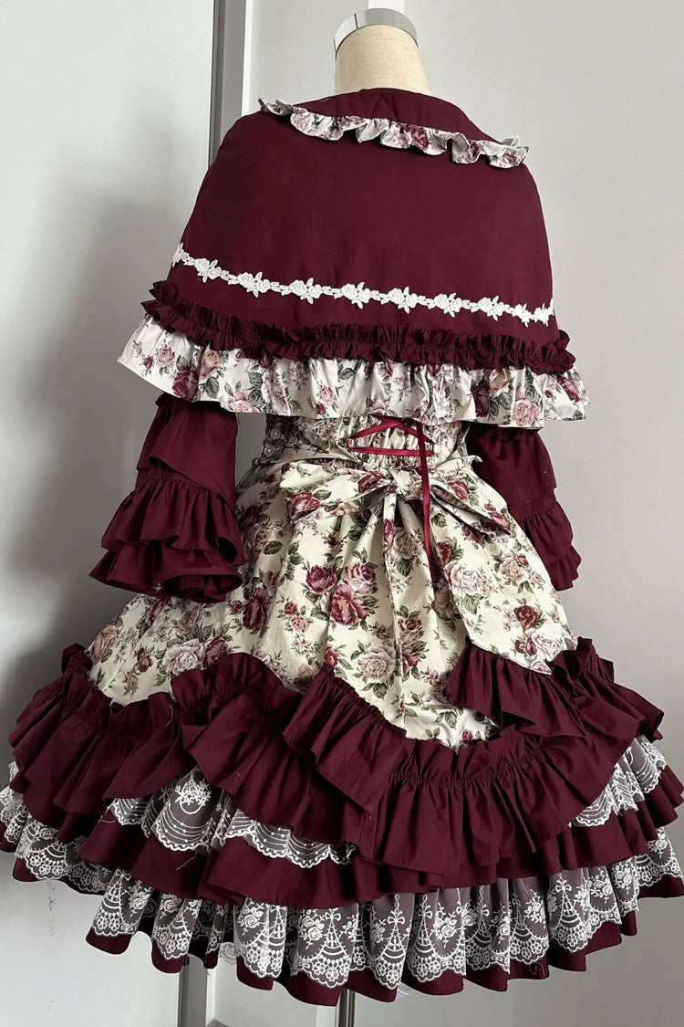 Off Shoulder Ruffled Bow Lace Gothic Lolita JSK Dress with Rose Print