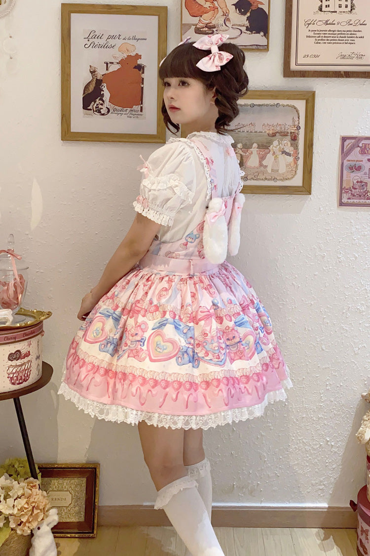 Berry Bear Print Pink Bow Stitched Lace Lolita Strap Dress