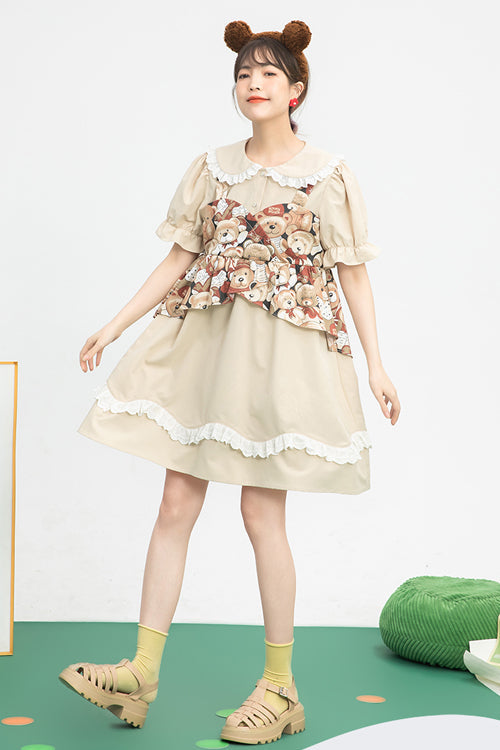 Sweet Lolita Frocks with Doll Collar, Bear Print & Faux Two-Piece Design