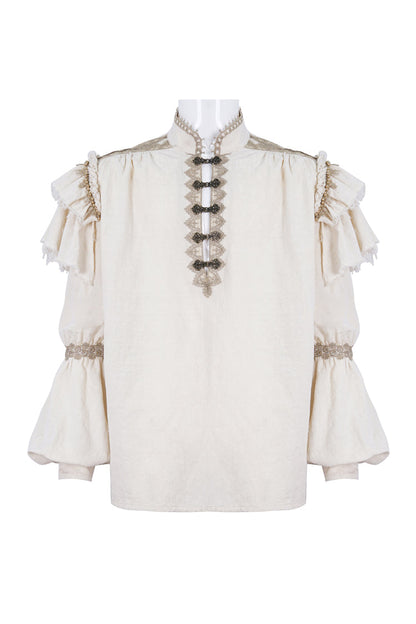 Gothic Men's Blouse with Lantern Sleeves & Multi-Layer Ruffled Stand Collar