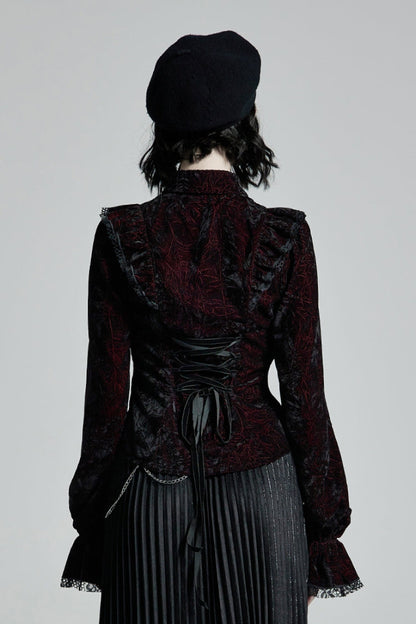 Crimson & Obsidian Stand Collar Floral Embroidery Lace Gothic Blouse
