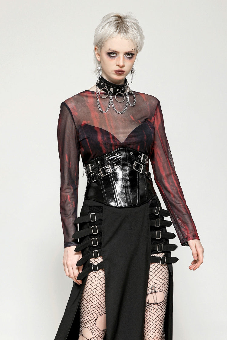 Crimson & Obsidian Round Collar Long Sleeves Sheer Mesh Tie-Dyed Versatile Basic Top