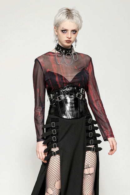 Crimson & Obsidian Round Collar Long Sleeves Sheer Mesh Tie-Dyed Versatile Basic Top