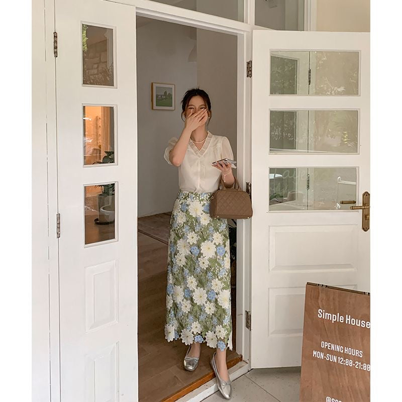 Straight Floral Green Elegant Skirt Embroidery