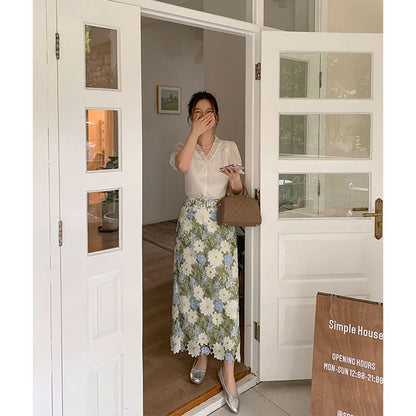 Floral Green Straight Elegant Embroidery Skirt